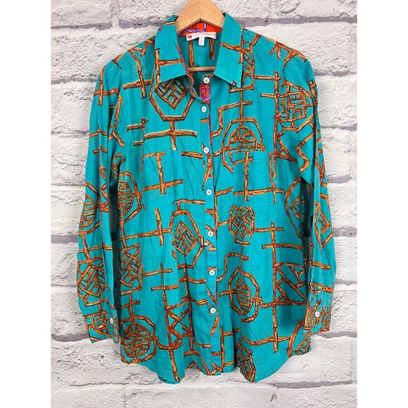 Jude Connally Womens M Coastal Tropical Preppy Artsy Geometric Button Up Shirt - Picture 3 of 8